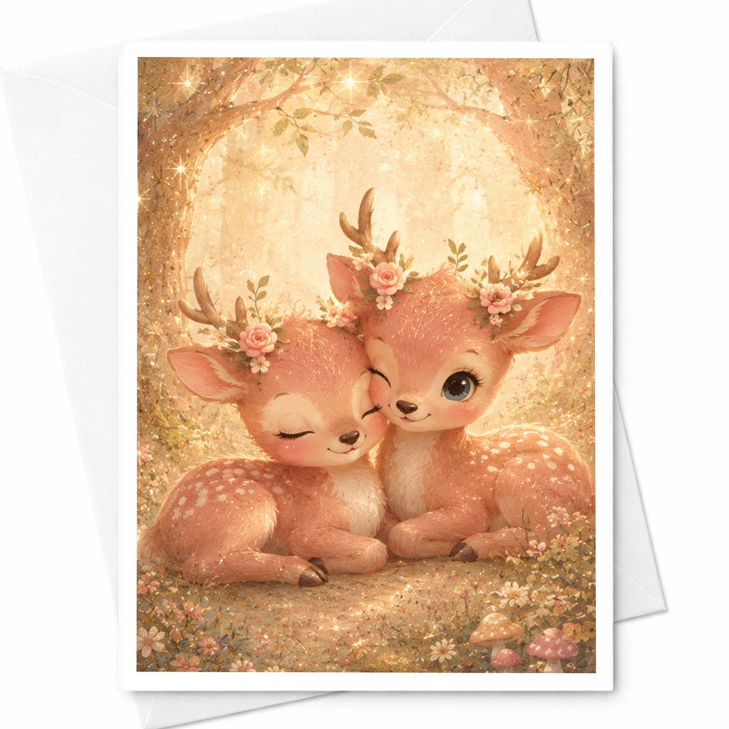 Cute Deer Couple Card Floral Crown Blank Greeting Card Romantic Animal Card For Her Anniversary Card Woodland Lover C4915