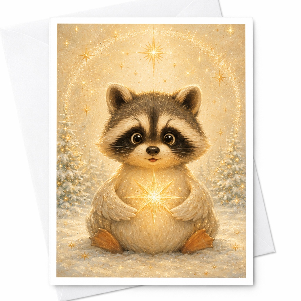 Cute Raccoon With Star Christmas Card Adorable Animal Holiday Greeting Card For Kids Family Winter Wonderland Scene C4917