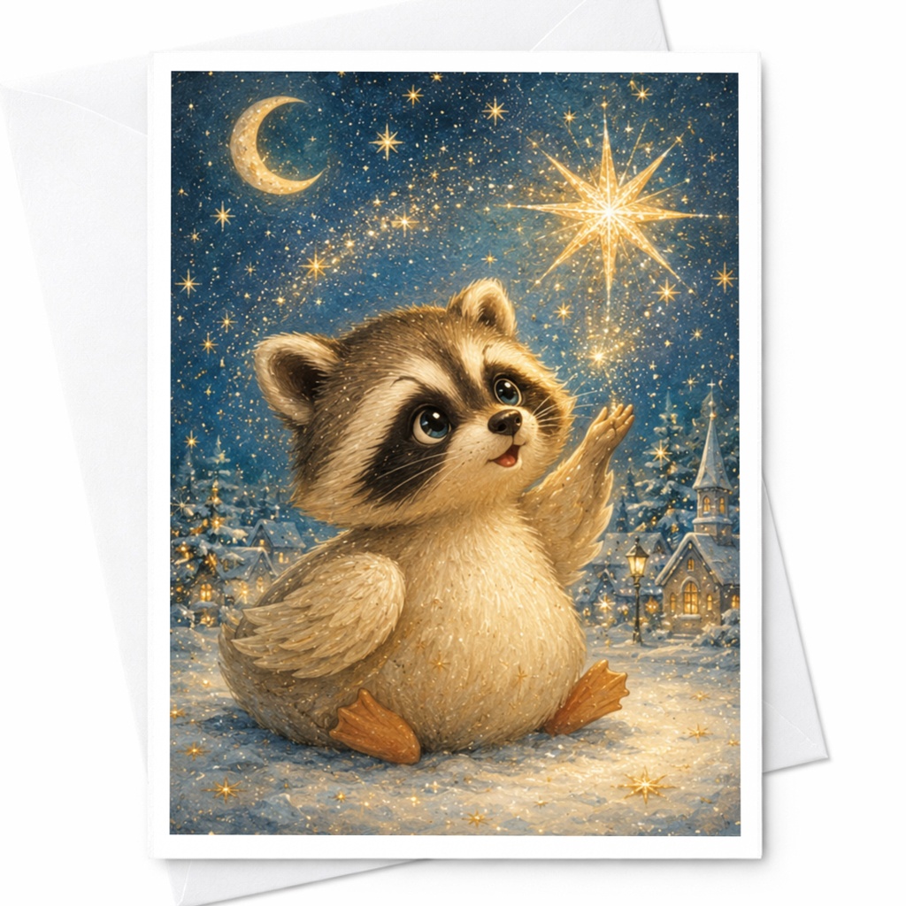 Cute Raccoon Under Starry Sky Christmas Card Adorable Animal Holiday Greeting Card Winter Wonderland Scene For Kids Family C4918