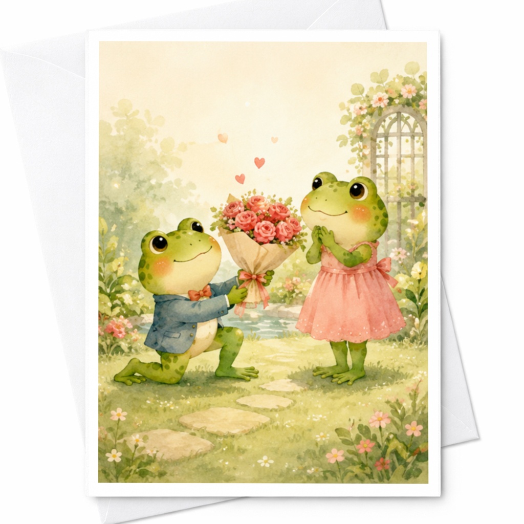 Frogs With Bouquet Love Card Cute Romantic Animal Greeting Card For Her Anniversary Card Watercolor Garden Scene C4919