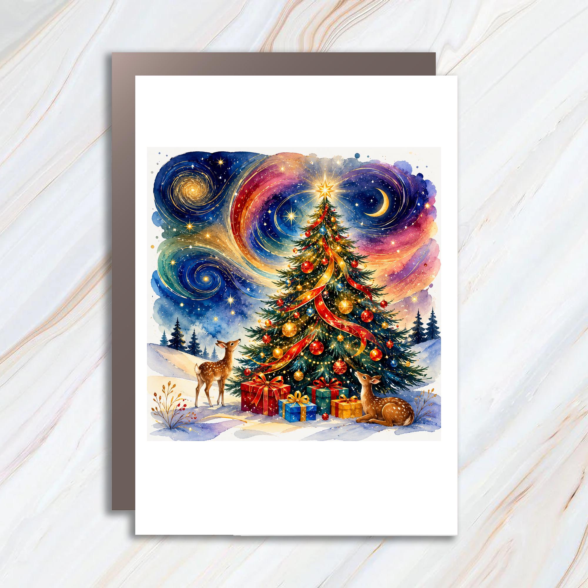Christmas Tree With Deer Greeting Card Festive Holiday Card For Nature Lovers Watercolor Art Christmas Card Winter Scene C1079