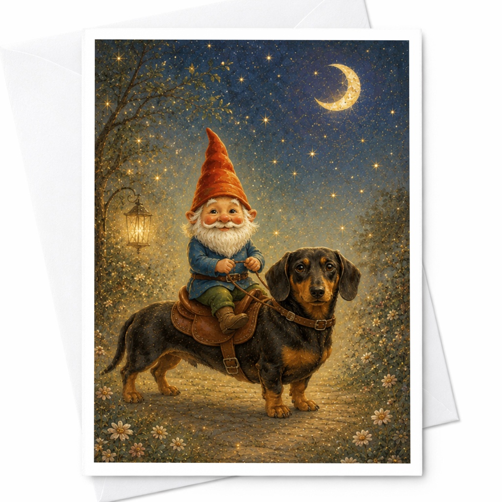 Gnome Riding Dachshund Card Whimsical Blank Greeting Card Cute Fantasy Art For Dog Lover Magical Night Scene Everyday Card C4914