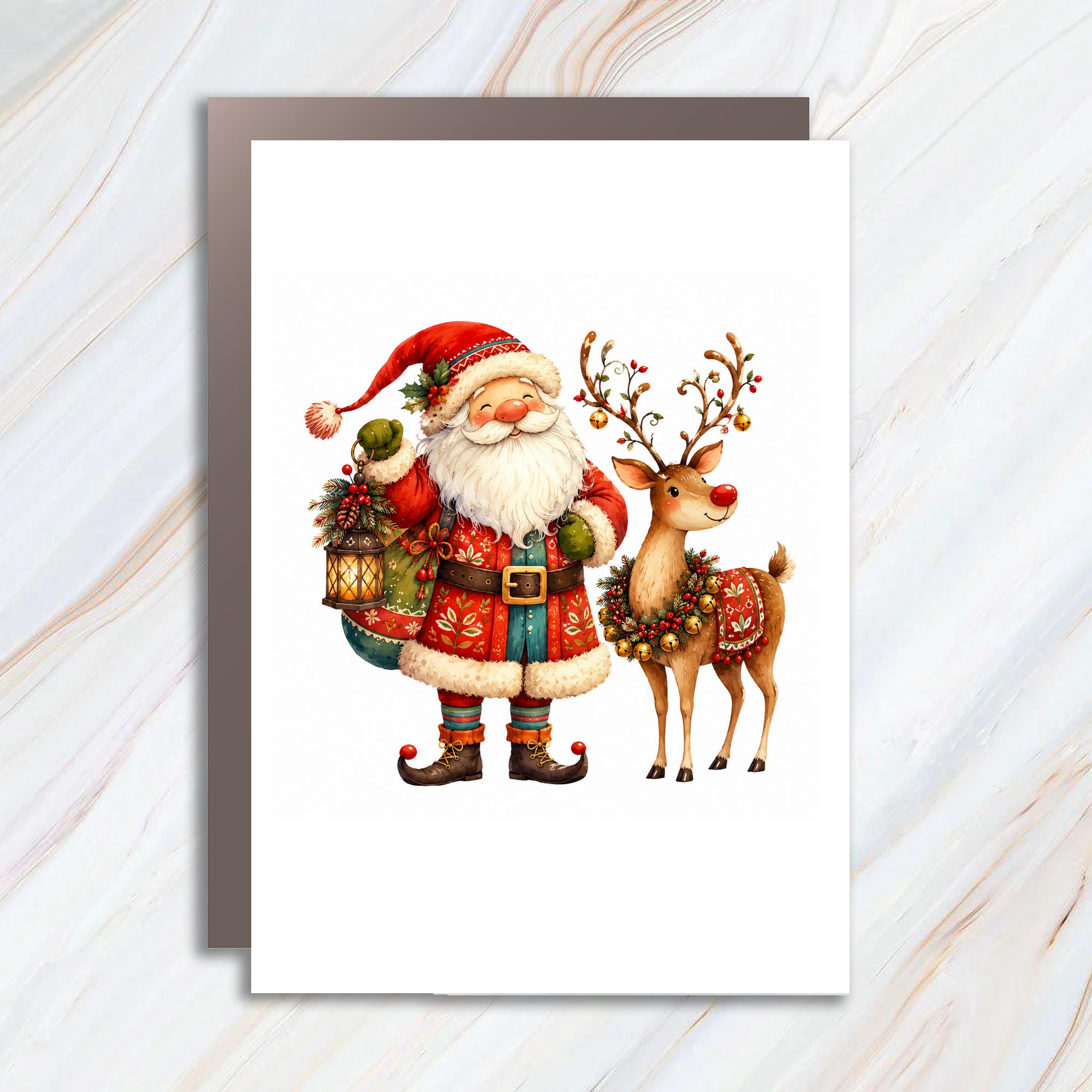 Santa And Reindeer Christmas Card Cute Holiday Greeting Card Festive Santa Claus And Rudolph Illustration For Kids Family C1080
