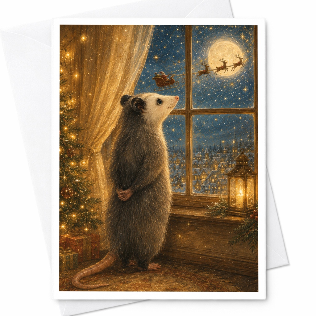 Possum Watching Santa Christmas Card Cute Animal Holiday Greeting Card Festive Winter Scene For Animal Lover C4921