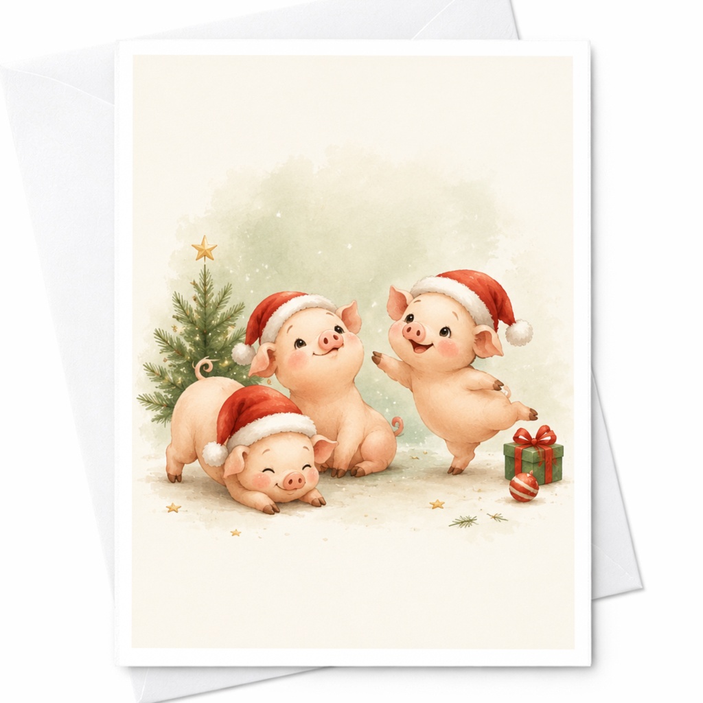 Cute Pigs In Santa Hats Christmas Card Adorable Holiday Greeting Card For Animal Lovers Festive Piggy Xmas Card C4924