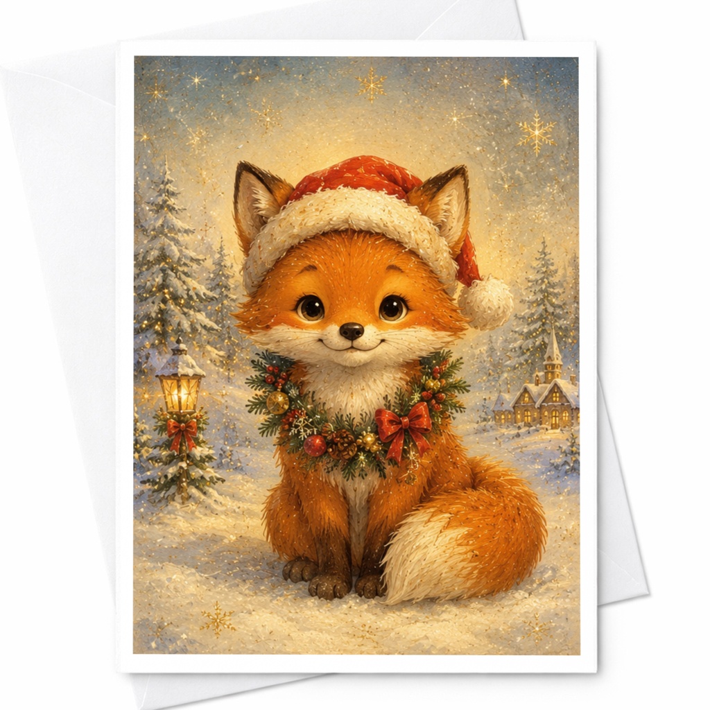 Cute Fox In Santa Hat Christmas Card Adorable Animal Holiday Greeting Card For Kids Family Winter Scene Festive Card C4925