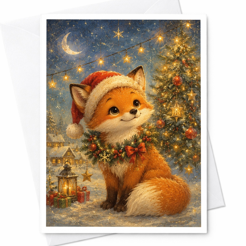 Cute Fox Christmas Card Adorable Animal Holiday Greeting Card For Kids Santa Hat Festive Winter Scene Christmas Tree C4926