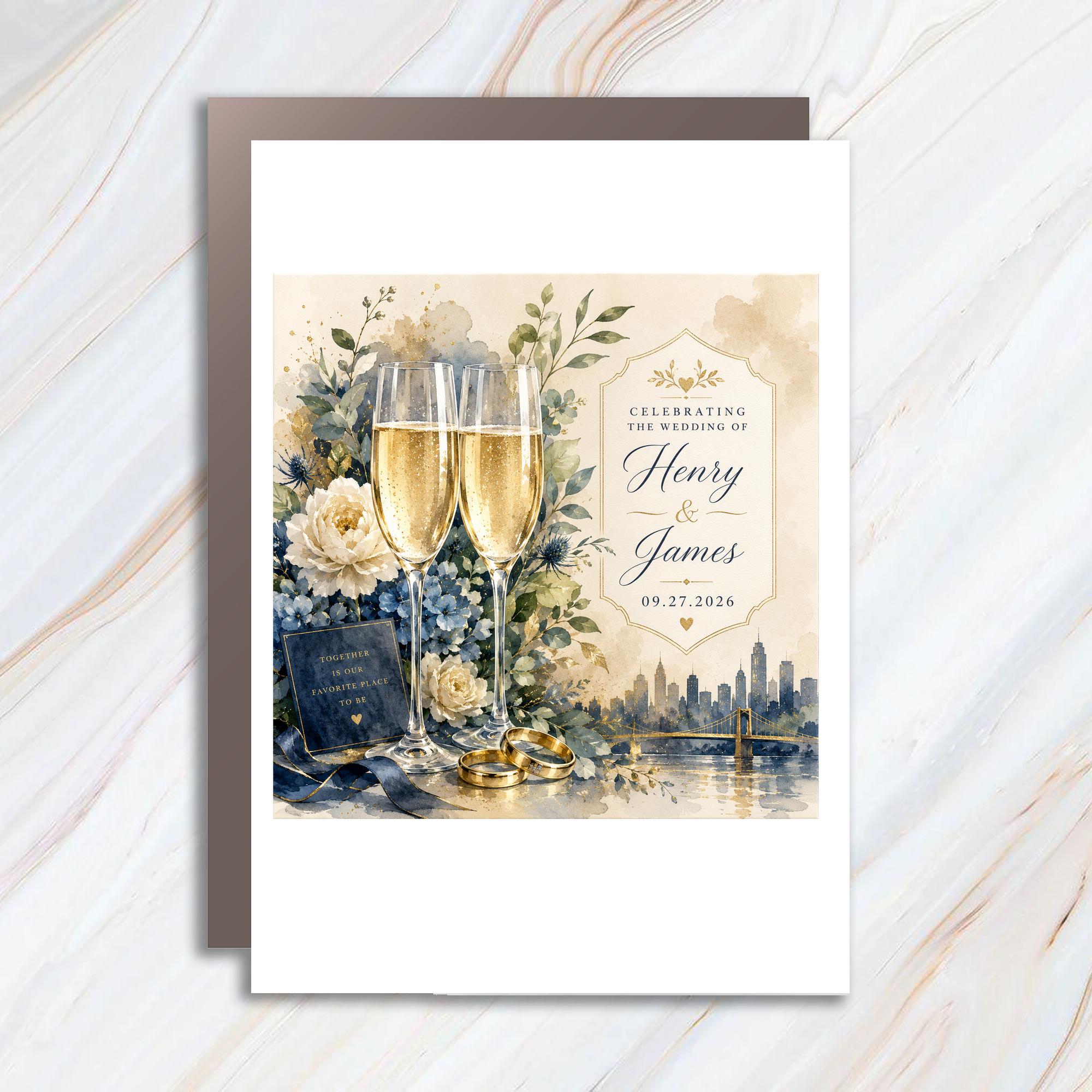 Personalized Gay Wedding Card for Two Grooms, Elegant Floral LGBTQ Wedding Card, Custom Romantic Same Sex Couple Card C1082