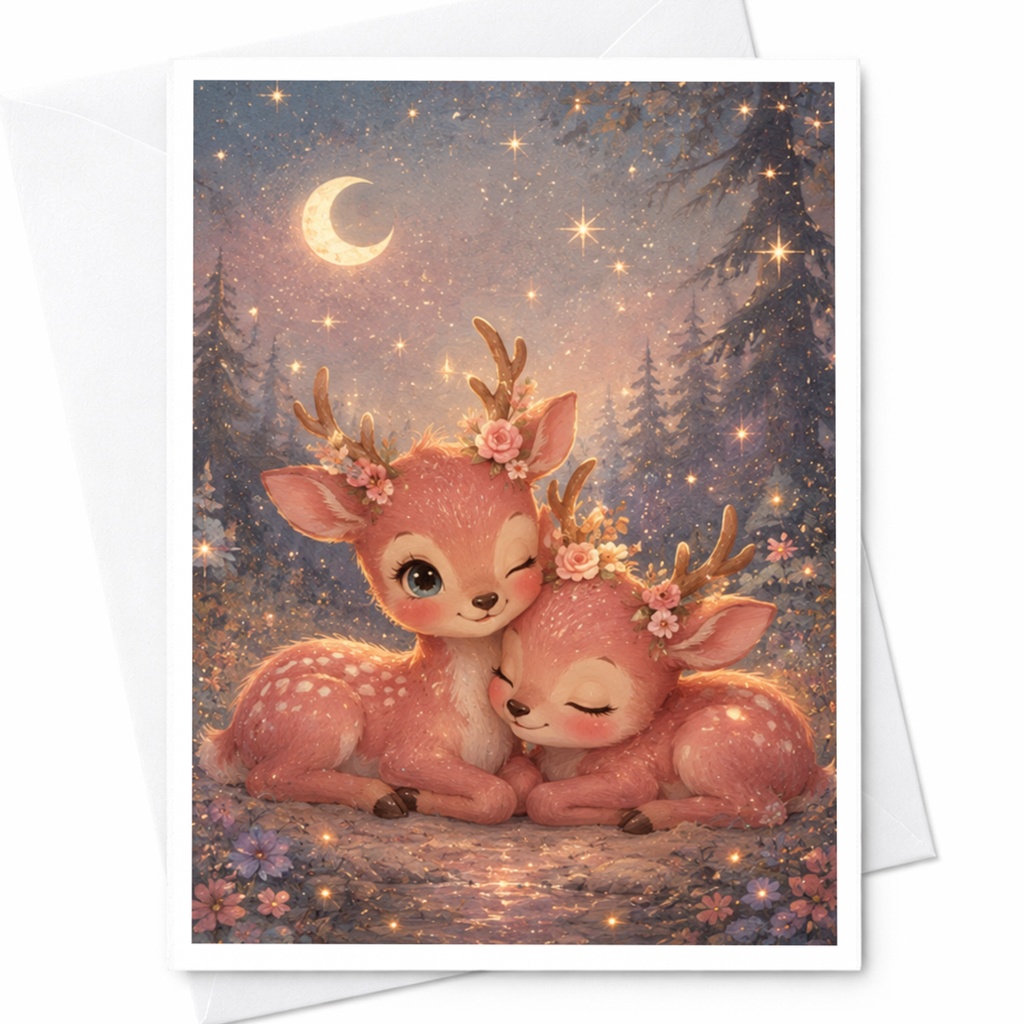Cute Deer Couple Card Blank Greeting Card Romantic Animal Art For Her Woodland Love Card Whimsical Nature Illustration C4916