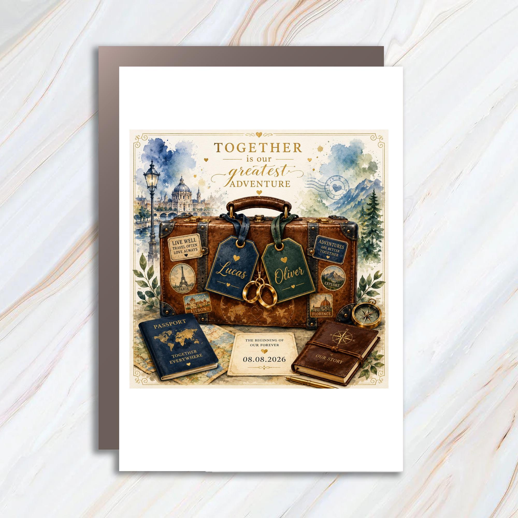 Personalized Gay Wedding Card for Two Grooms, Vintage Travel Adventure LGBTQ Wedding Card, Custom Romantic Couple Card C1083