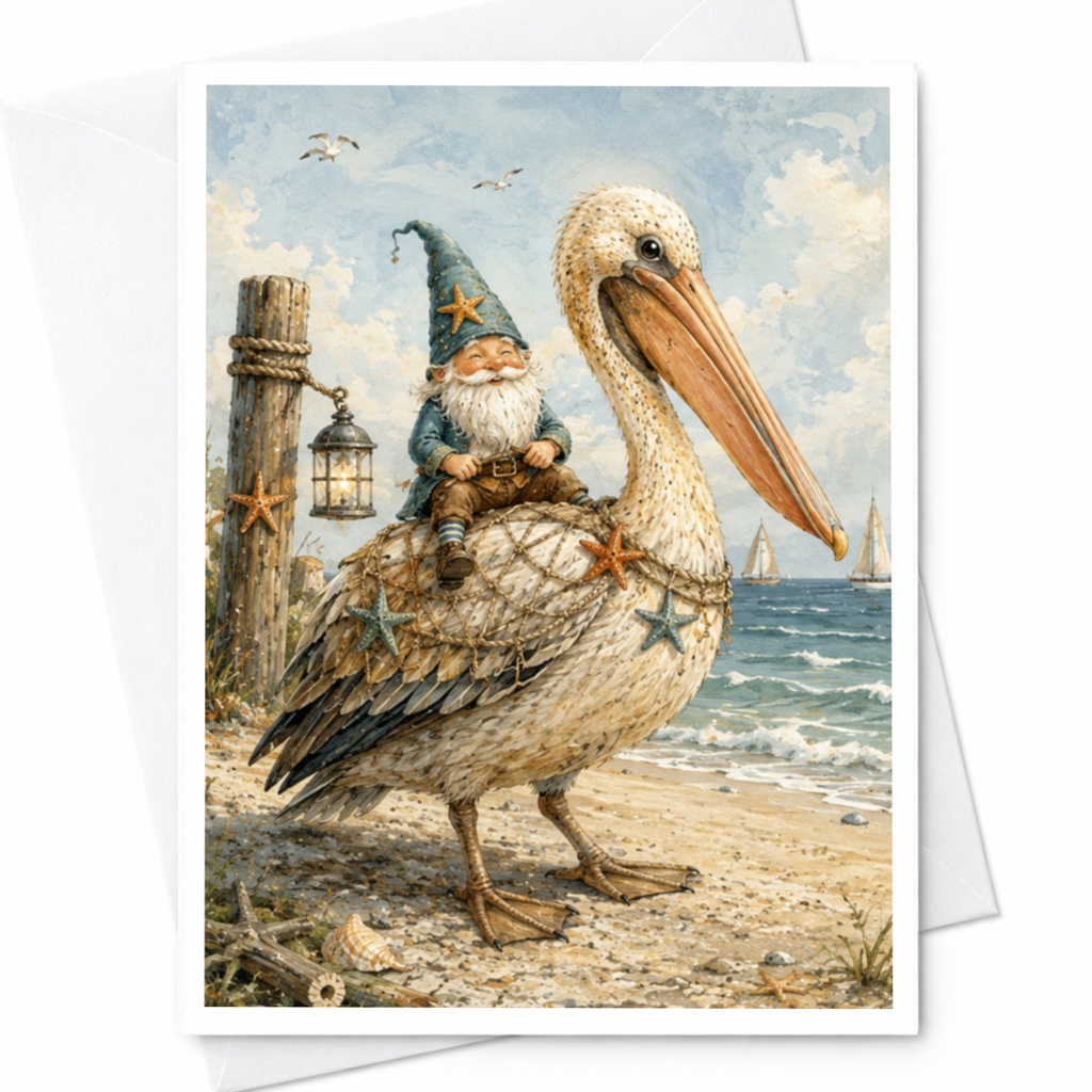 Pelican With Gnome Coastal Greeting Card Beach Theme Blank Note Card Nautical Art For Ocean Lover Cute Seaside Card C4931