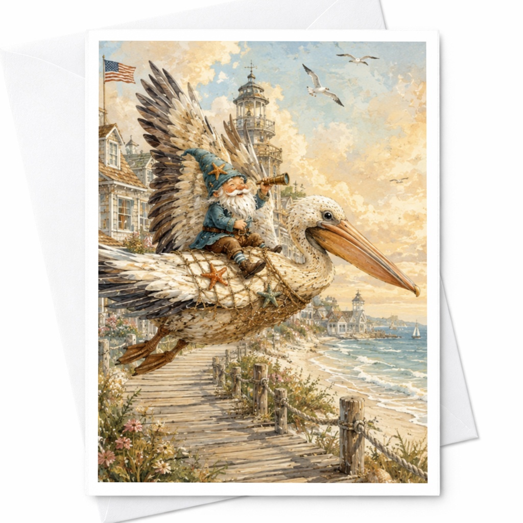 Gnome Riding Pelican Coastal Greeting Card Beach Scene Blank Card Nautical Art Card For Ocean Lover Whimsical Everyday Card C4932