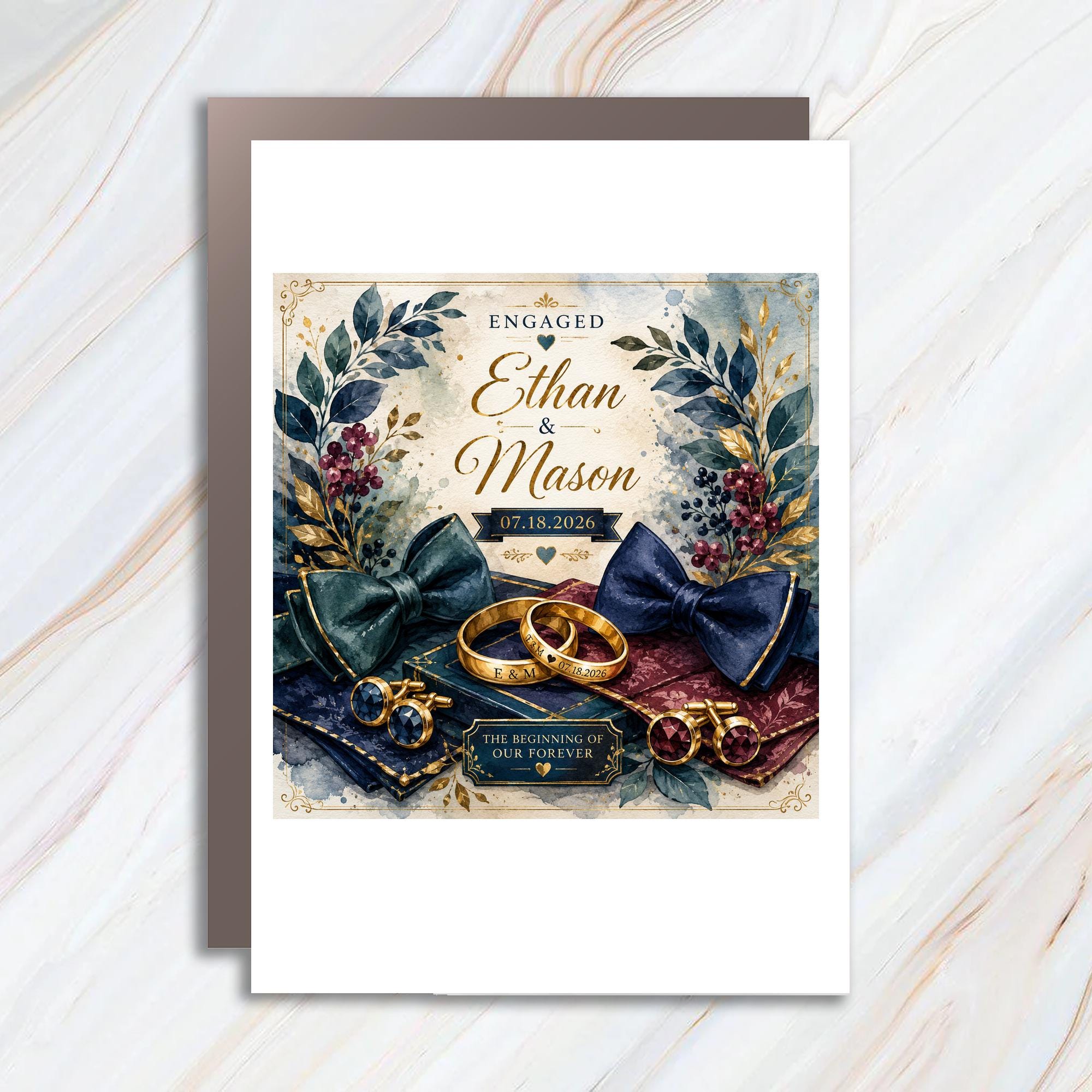 Personalized Gay Engagement Card for Two Grooms, LGBTQ Proposal Card, Custom Romantic Same Sex Couple Wedding Card C1084