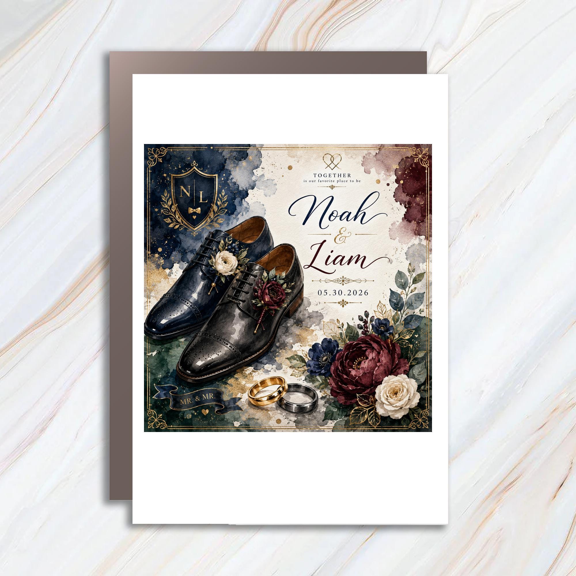 Personalized Gay Wedding Card for Two Grooms, Mr and Mr Floral Wedding Card, Custom Same Sex Couple Card C1085