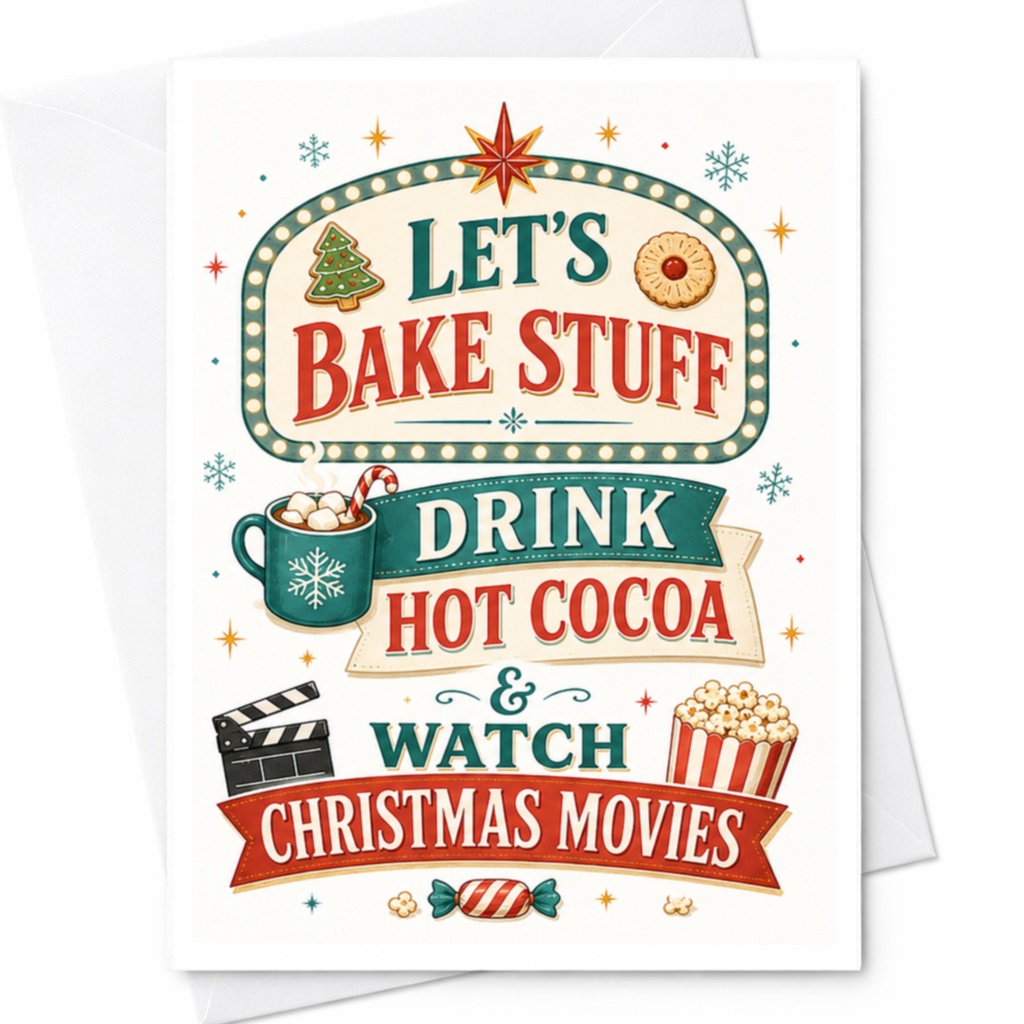 Let's Bake Stuff Drink Hot Cocoa & Watch Christmas Movies Christmas Card Holiday Greeting Card Festive Fun For Family Friends C4934