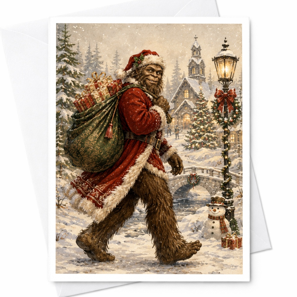 Bigfoot Santa Christmas Card Festive Holiday Greeting Card For Bigfoot Lovers Winter Wonderland Scene Cute Xmas Card C4938