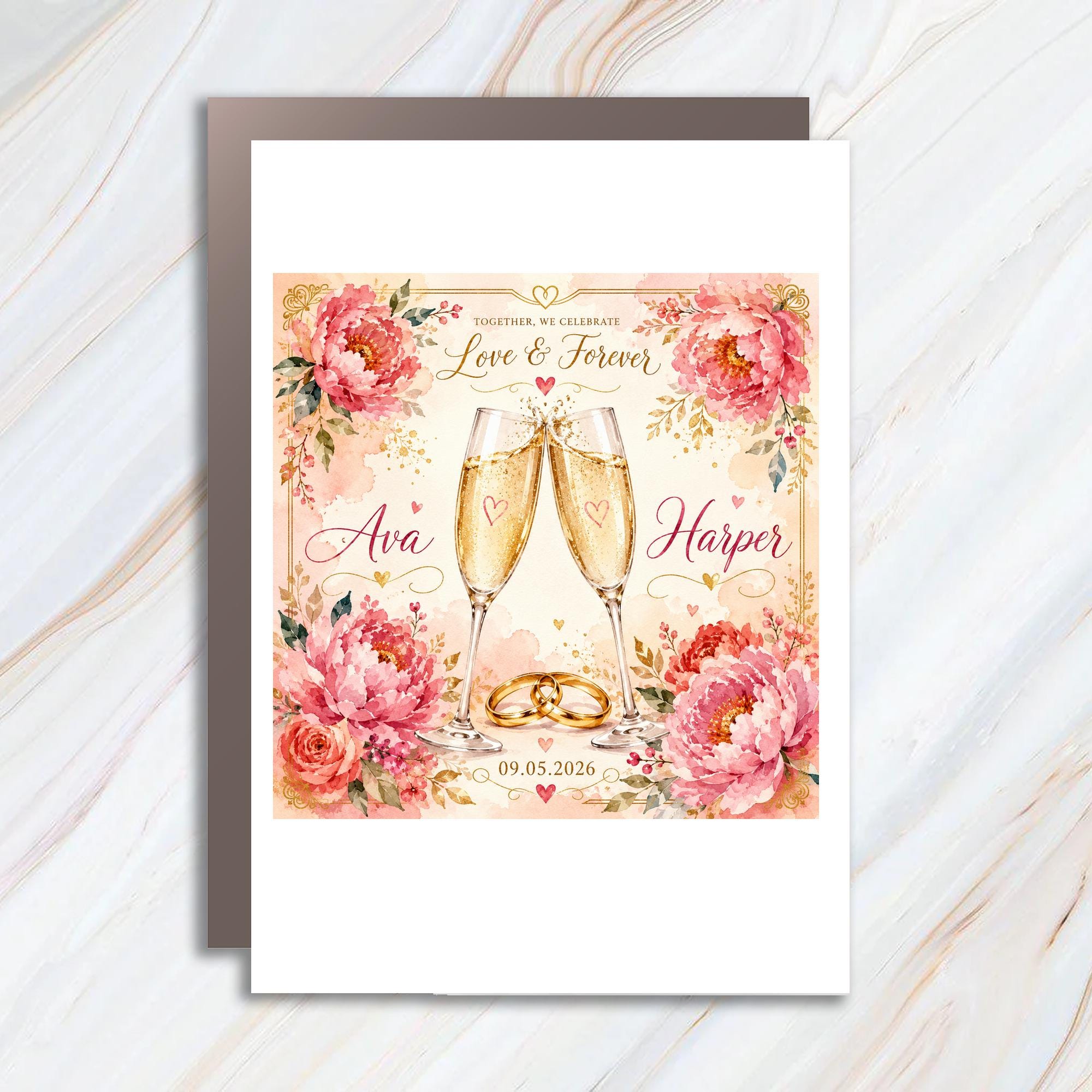 Personalized Lesbian Wedding Card for Two Brides, Floral Champagne LGBTQ Wedding Card, Custom Romantic Same Sex Couple Card C1088