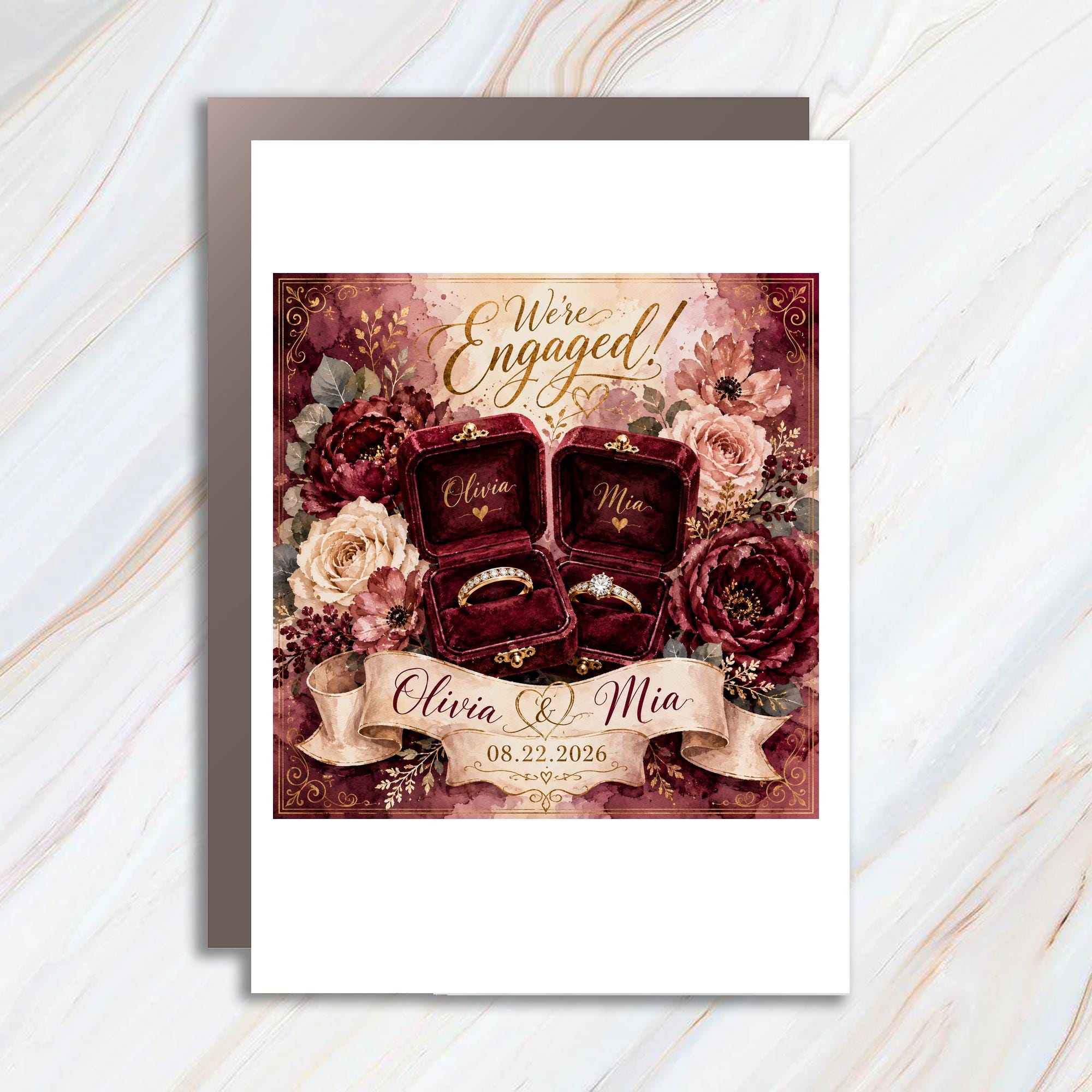 Personalized Lesbian Engagement Card for Two Brides, Floral LGBTQ Engagement Announcement, Custom Romantic Couple Card C1089