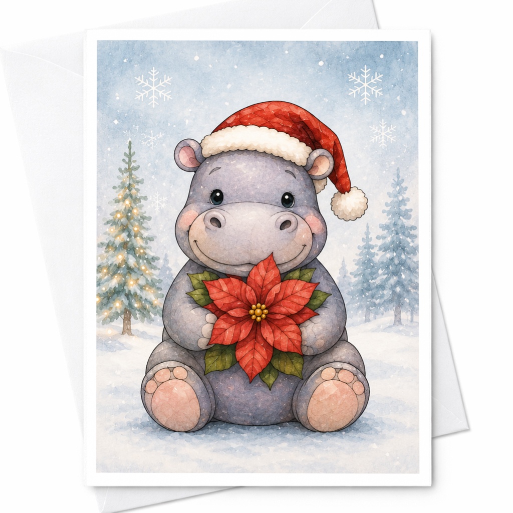 Hippo With Santa Hat Christmas Card Cute Holiday Greeting Card For Kids Animal Lover Festive Winter Scene Poinsettia C4941