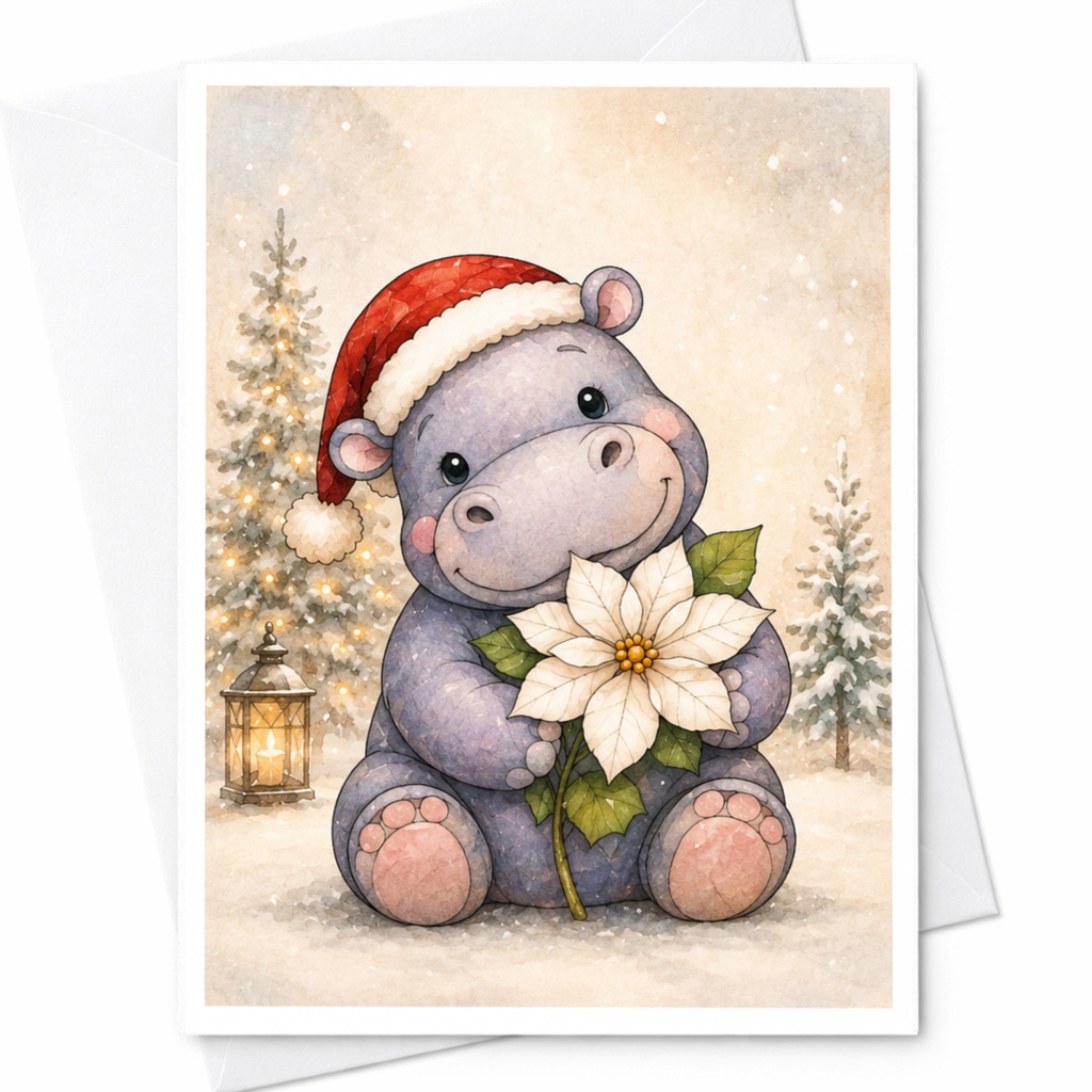 Cute Hippo Christmas Card Santa Hat Poinsettia Winter Holiday Greeting Card For Kids Animal Lover Festive Cute C4942
