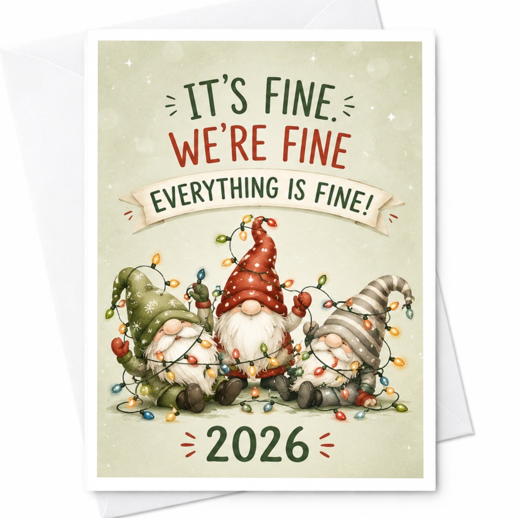 It's Fine. We're Fine. Everything Is Fine! 2026 Funny Christmas Card Gnomes With Lights Holiday For Friends Family C4946