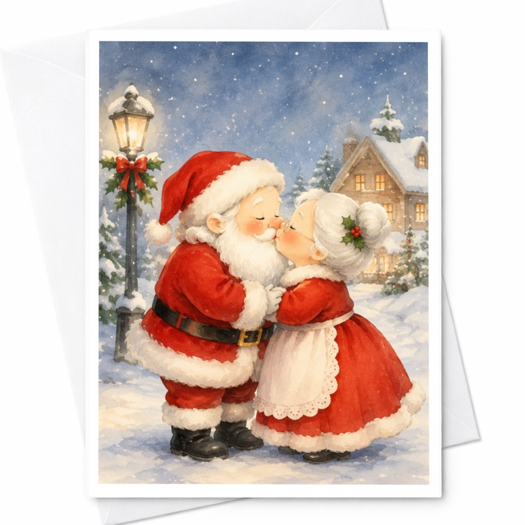 Santa And Mrs. Claus Christmas Greeting Card Cute Holiday Card Winter Scene For Couple Romantic Festive Card C4947