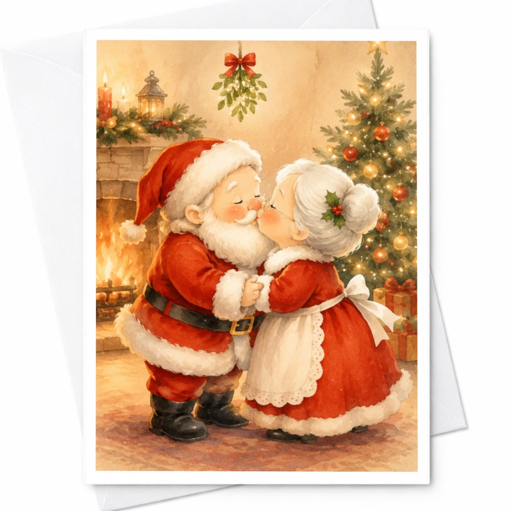 Santa And Mrs. Claus Christmas Card Cute Holiday Greeting Card Festive Couple Under Mistletoe Cozy Fireplace Scene C4948