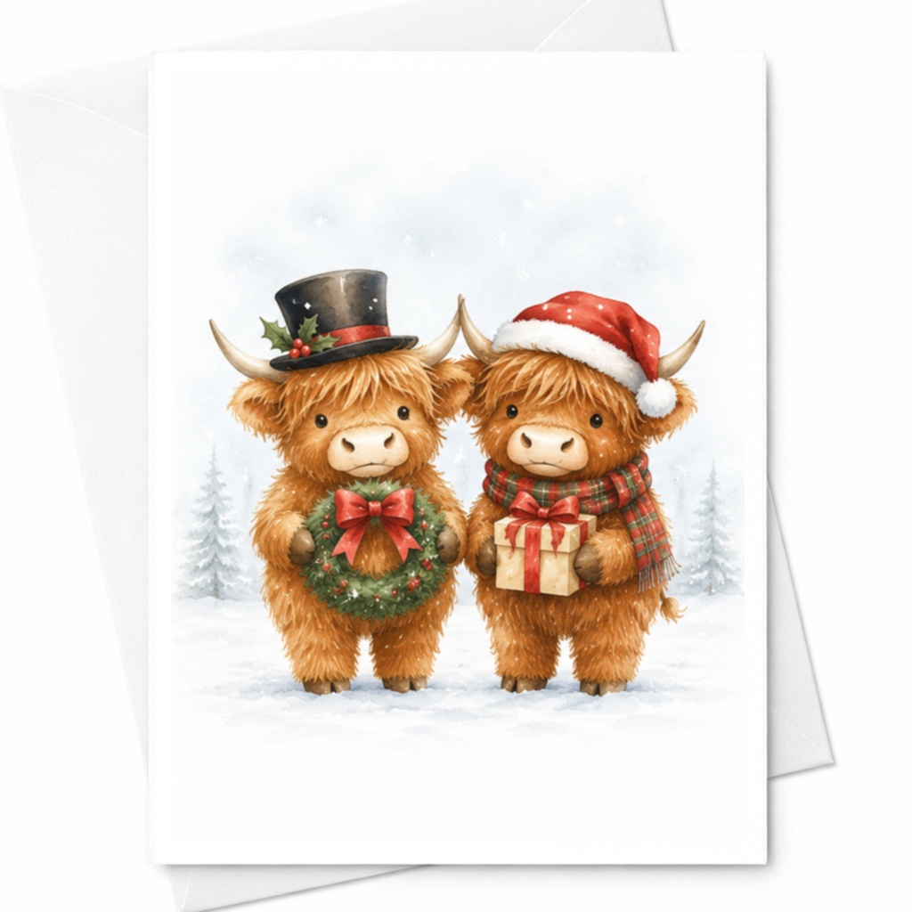 Highland Cow Christmas Card Cute Festive Greeting Card For Animal Lover Holiday Card With Santa Hat And Wreath Winter Scene C4949