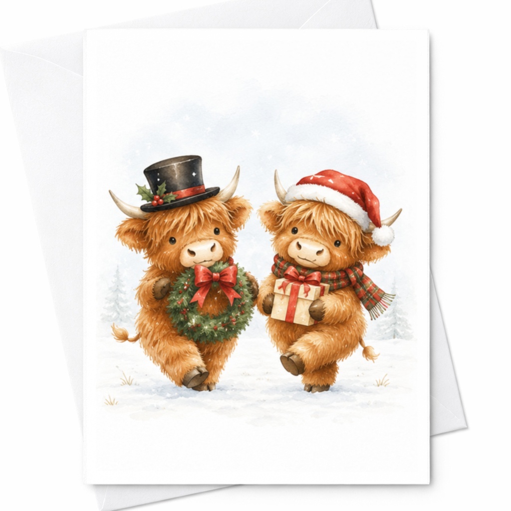 Cute Highland Cows Christmas Card Adorable Holiday Greeting Card For Animal Lovers Festive Winter Scene With Gifts C4950