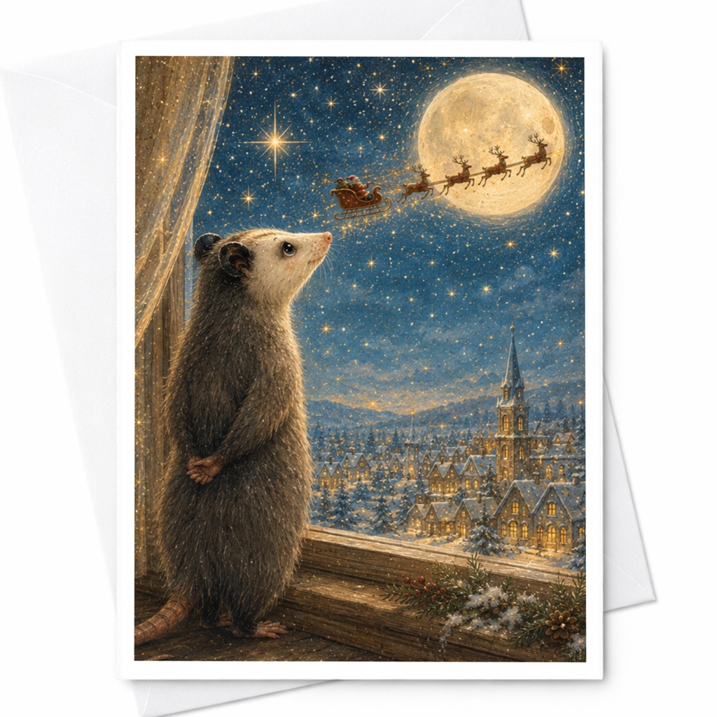 Possum Watching Santa Christmas Card Cute Animal Holiday Greeting Card Winter Night Scene For Animal Lover Festive Card C4922