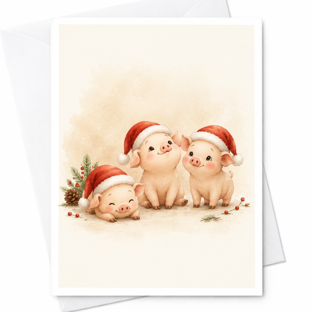 Cute Pig Christmas Card Adorable Santa Hat Pigs Holiday Greeting Card For Animal Lover Festive Xmas Card Cute Winter Card C4923