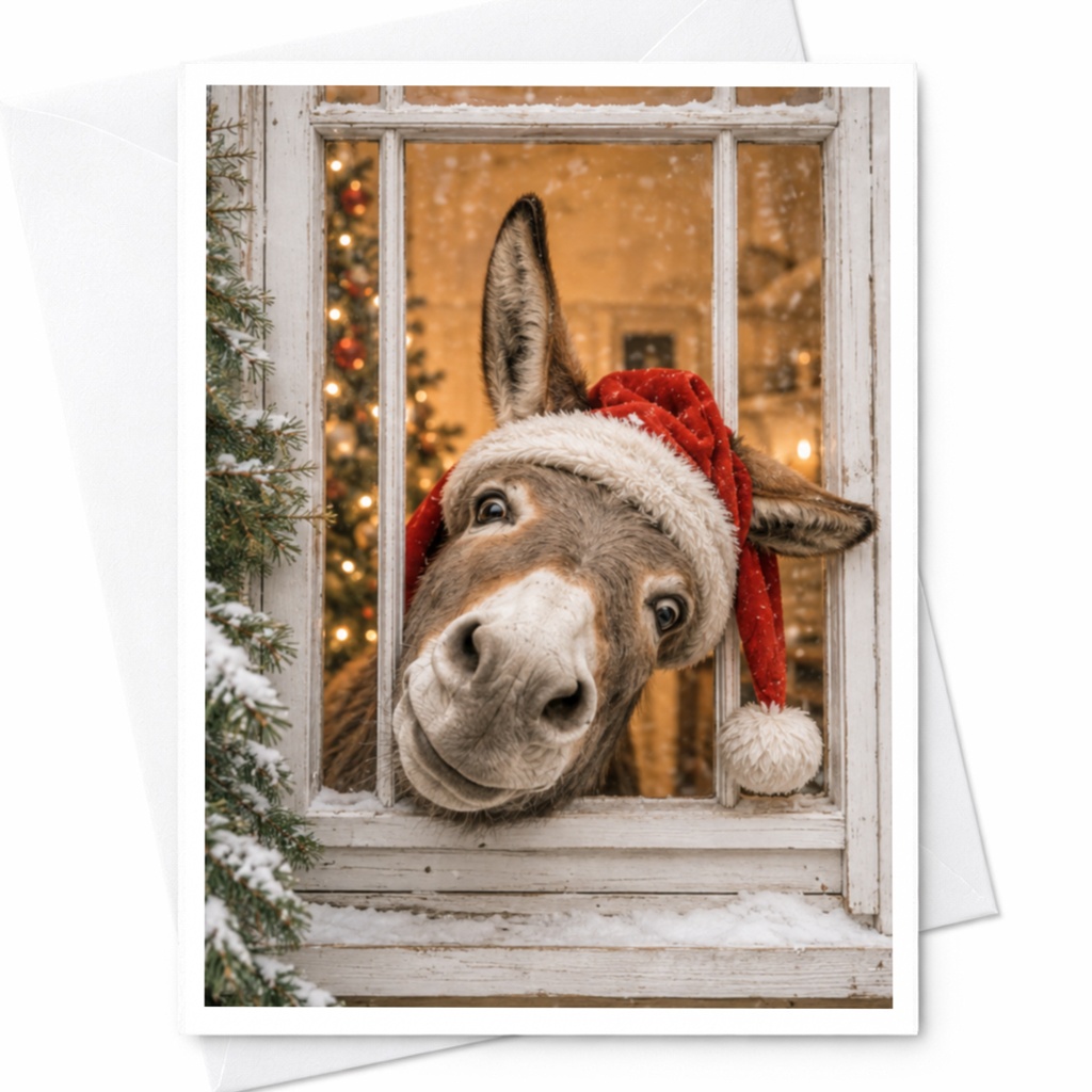 Donkey In Santa Hat Christmas Card Funny Holiday Greeting Card For Animal Lovers Cute Festive Card Winter Card C4927