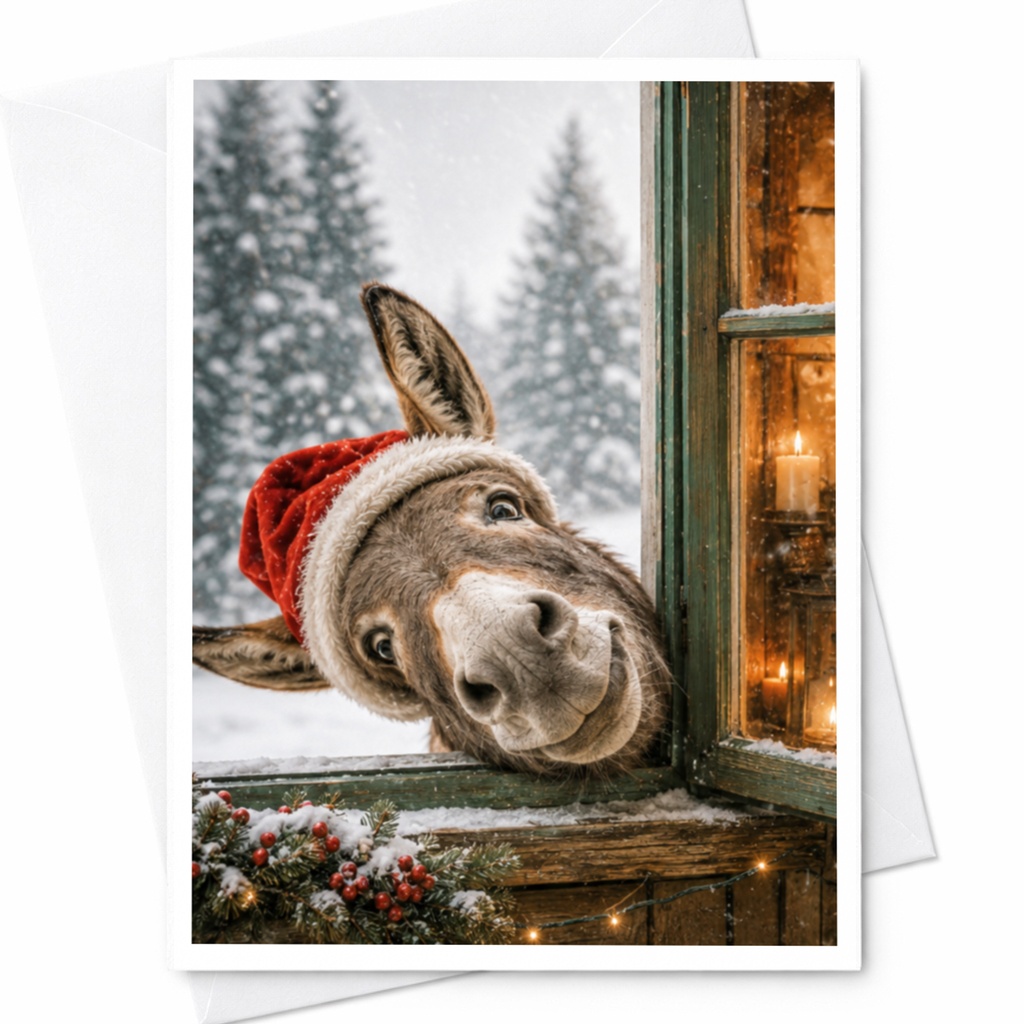 Donkey In Santa Hat Christmas Card Cute Animal Holiday Greeting Card For Animal Lover Funny Festive Card Winter Scene C4928