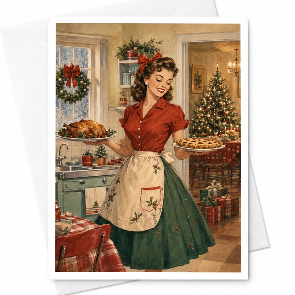 Vintage Christmas Kitchen Scene Greeting Card Retro Holiday Card For Her Festive Christmas Card Classic Holiday Decor C4959