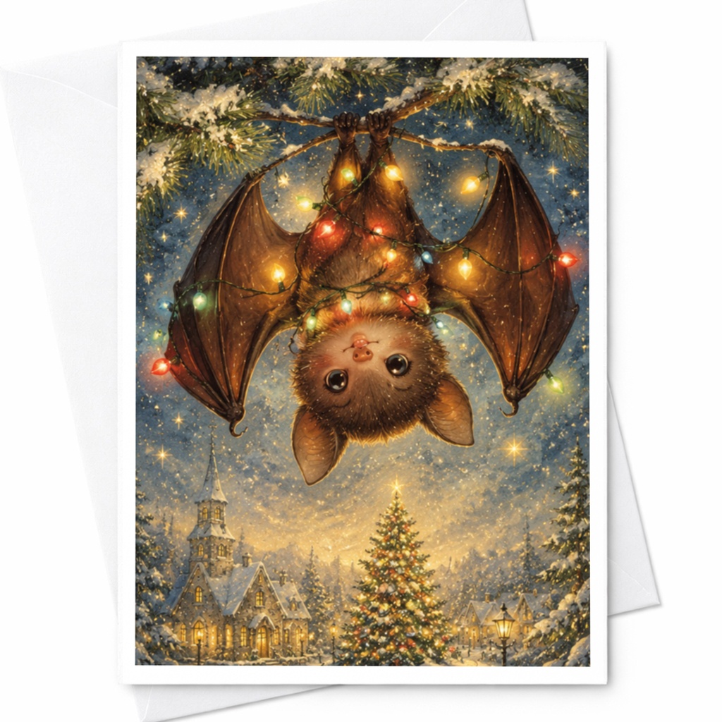 Cute Bat Christmas Card Adorable Holiday Greeting Card For Animal Lover Festive Winter Scene With Lights Blank Card C4935