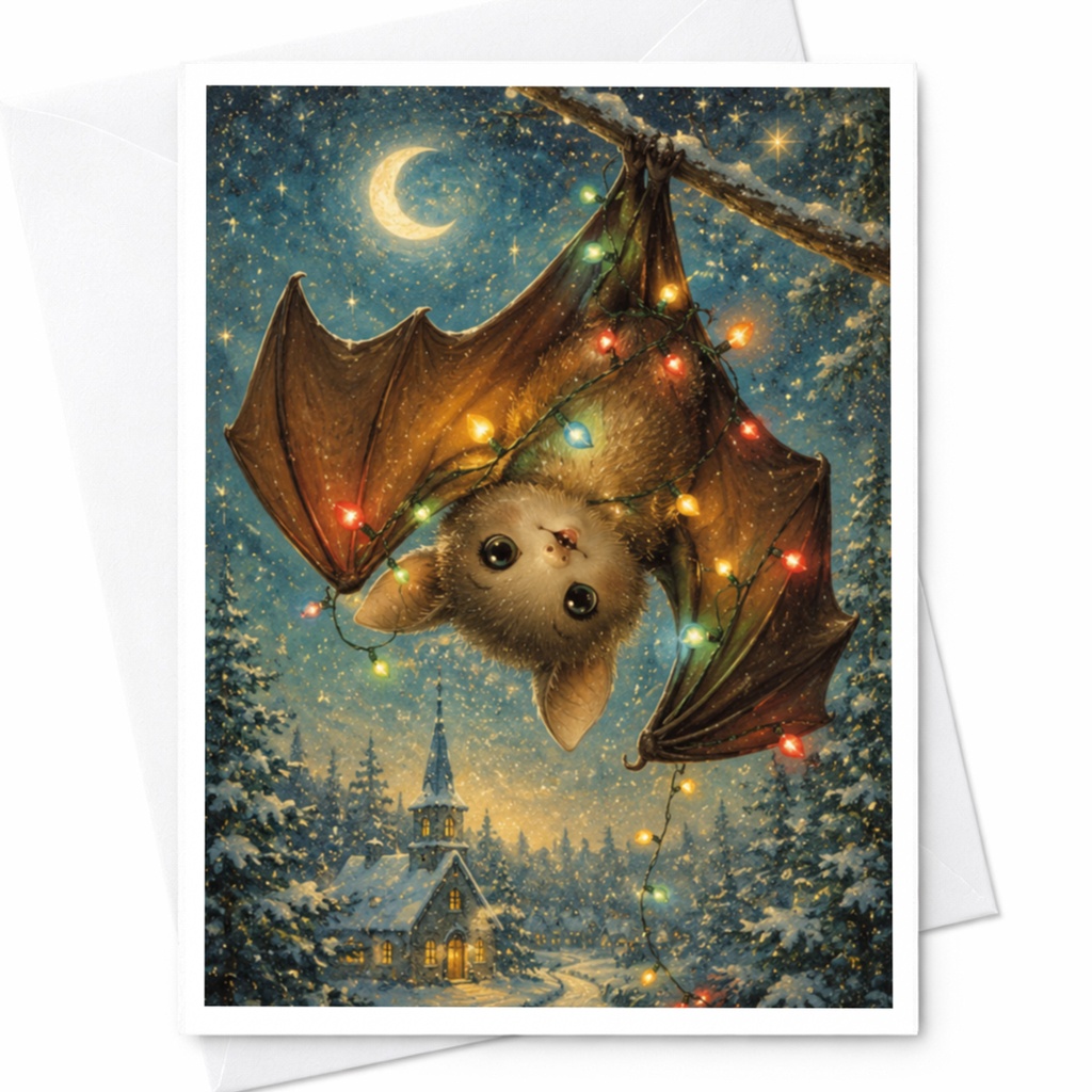 Cute Bat Christmas Greeting Card Festive Animal Holiday Card Winter Wonderland Scene For Animal Lover Adorable Xmas Card C4936