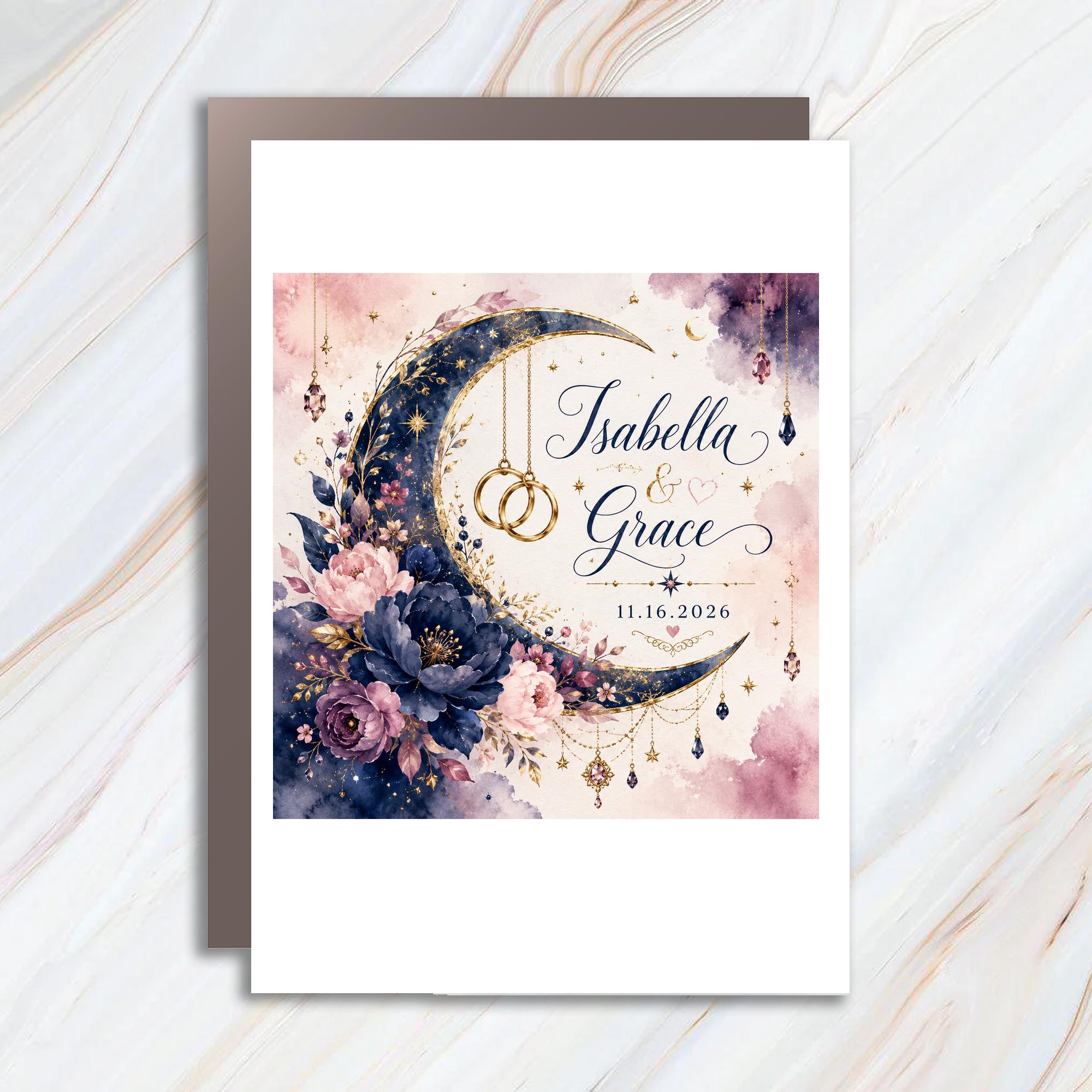 Personalized Lesbian Wedding Card for Two Brides, Floral Crescent Moon LGBTQ Wedding Card, Custom Romantic Same Sex Couple Card C1086