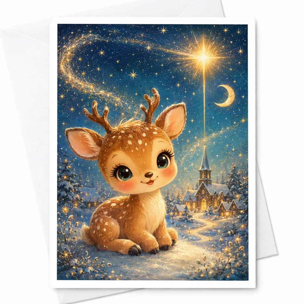 Cute Deer Christmas Card Adorable Winter Scene Greeting Card For Animal Lover Holiday Card Festive Snowy Night Illustration C4968
