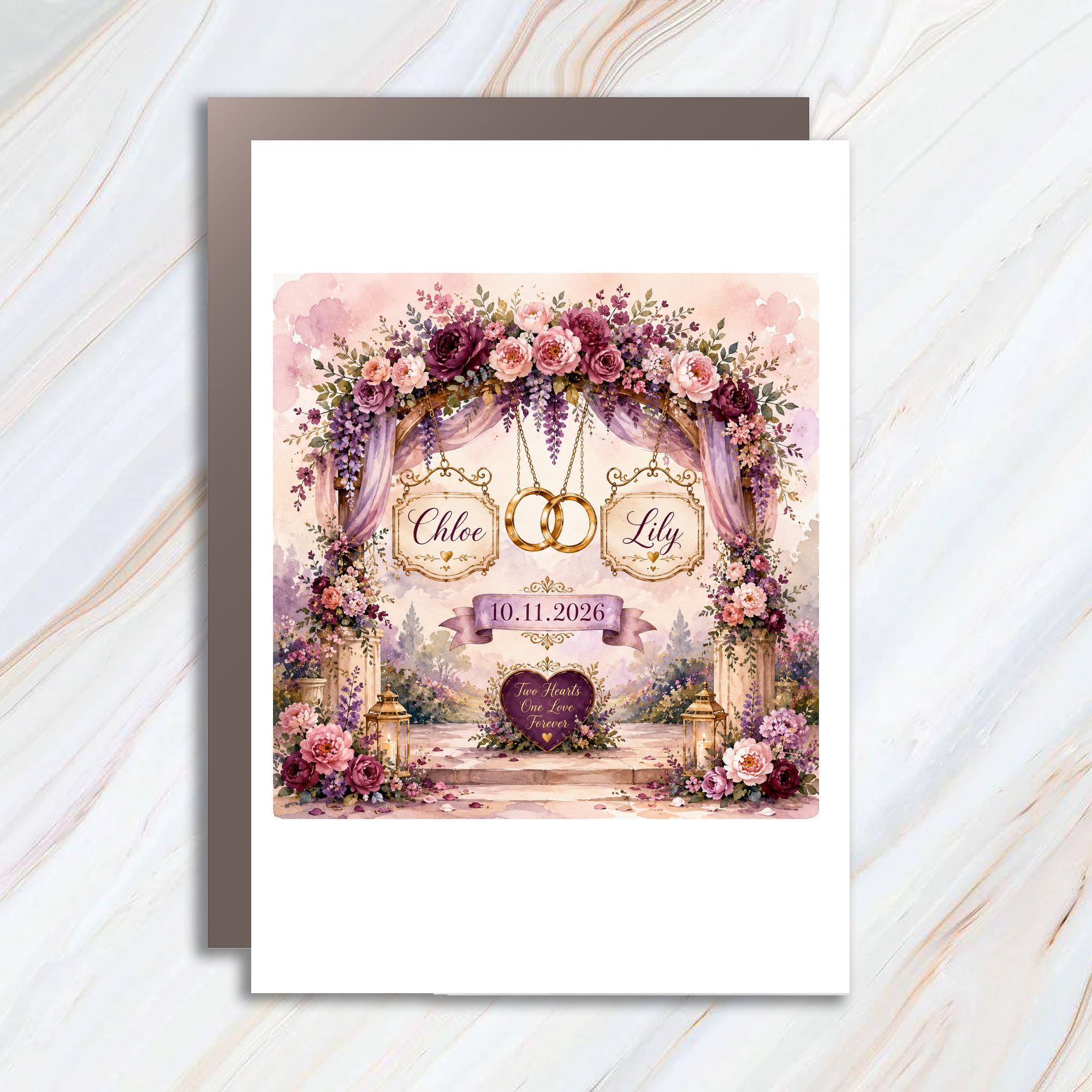 Personalized Lesbian Wedding Card for Two Brides, Floral Arch LGBTQ Wedding Card, Custom Romantic Same Sex Couple Card C1087
