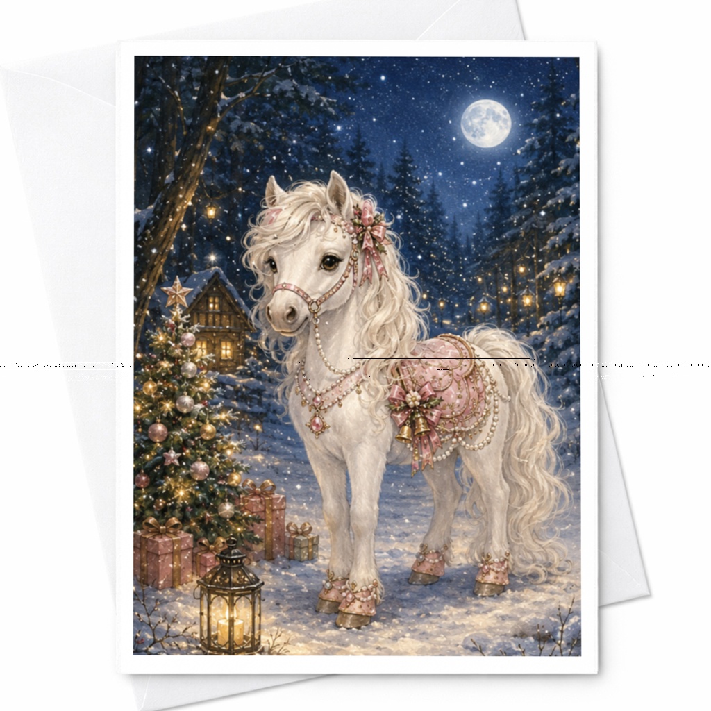Christmas Pony Greeting Card Cute Holiday Card Winter Wonderland Scene For Horse Lover Christmas Card With Gifts C4969