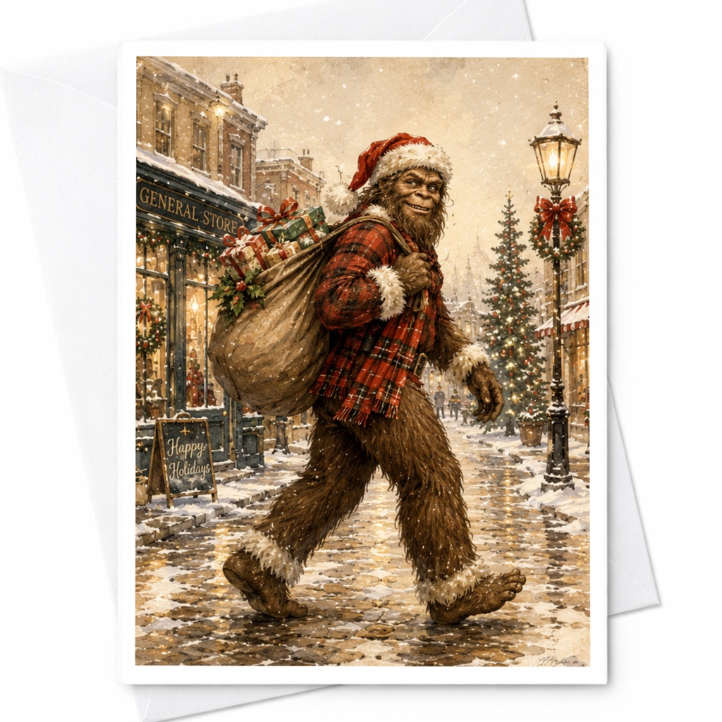 Happy Holidays Christmas Card Bigfoot Santa Funny Holiday Greeting Card For Him Her Festive Winter Scene Cute Xmas Card C4937