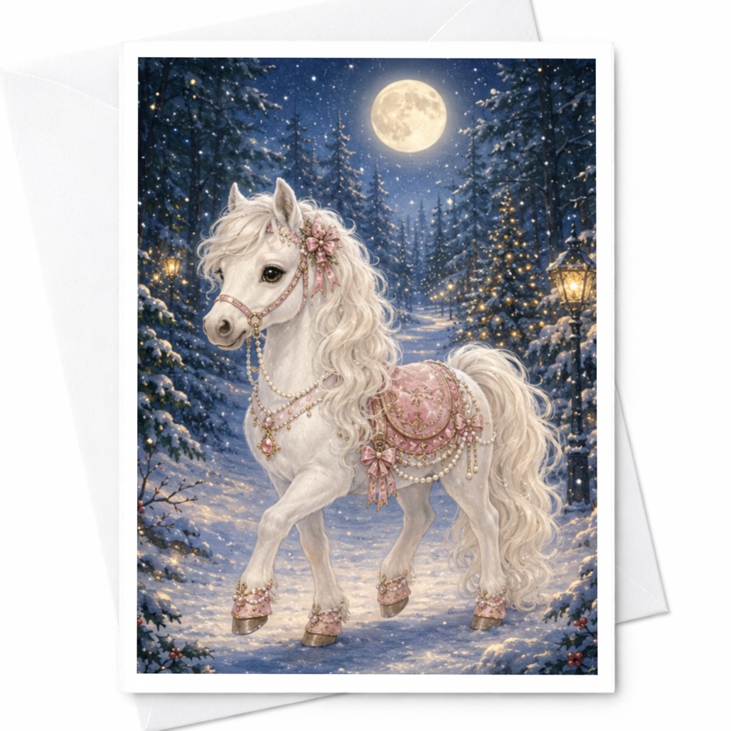 Elegant Horse Christmas Card Winter Wonderland Scene Greeting Card For Horse Lover Magical Holiday Card Snowy Forest C4970