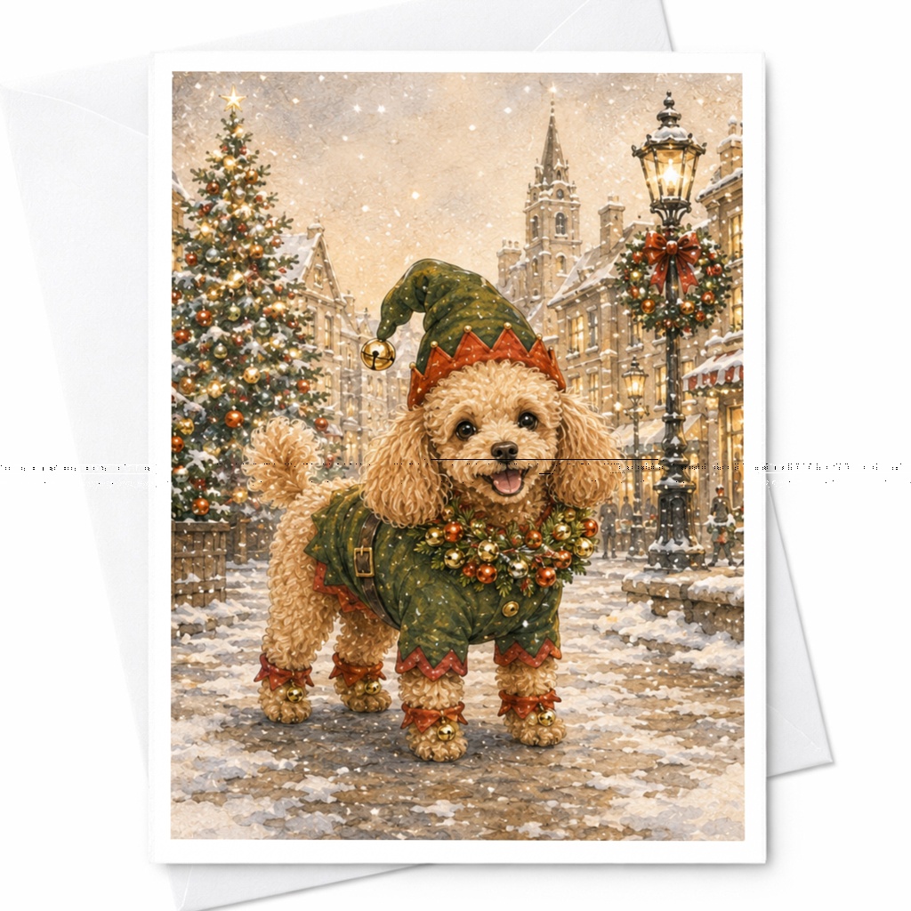 Christmas Dog Card Cute Festive Greeting Card Holiday Poodle In Elf Costume Winter Scene For Dog Lover Christmas Card C4971