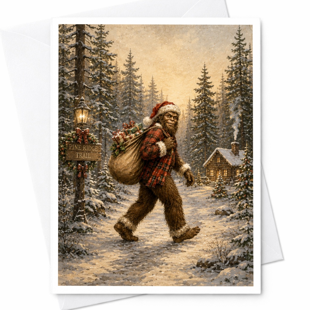 Pine Ridge Trail Christmas Card Bigfoot Santa Hat Holiday Greeting Card Winter Scene For Him Funny Sasquatch Card C4939