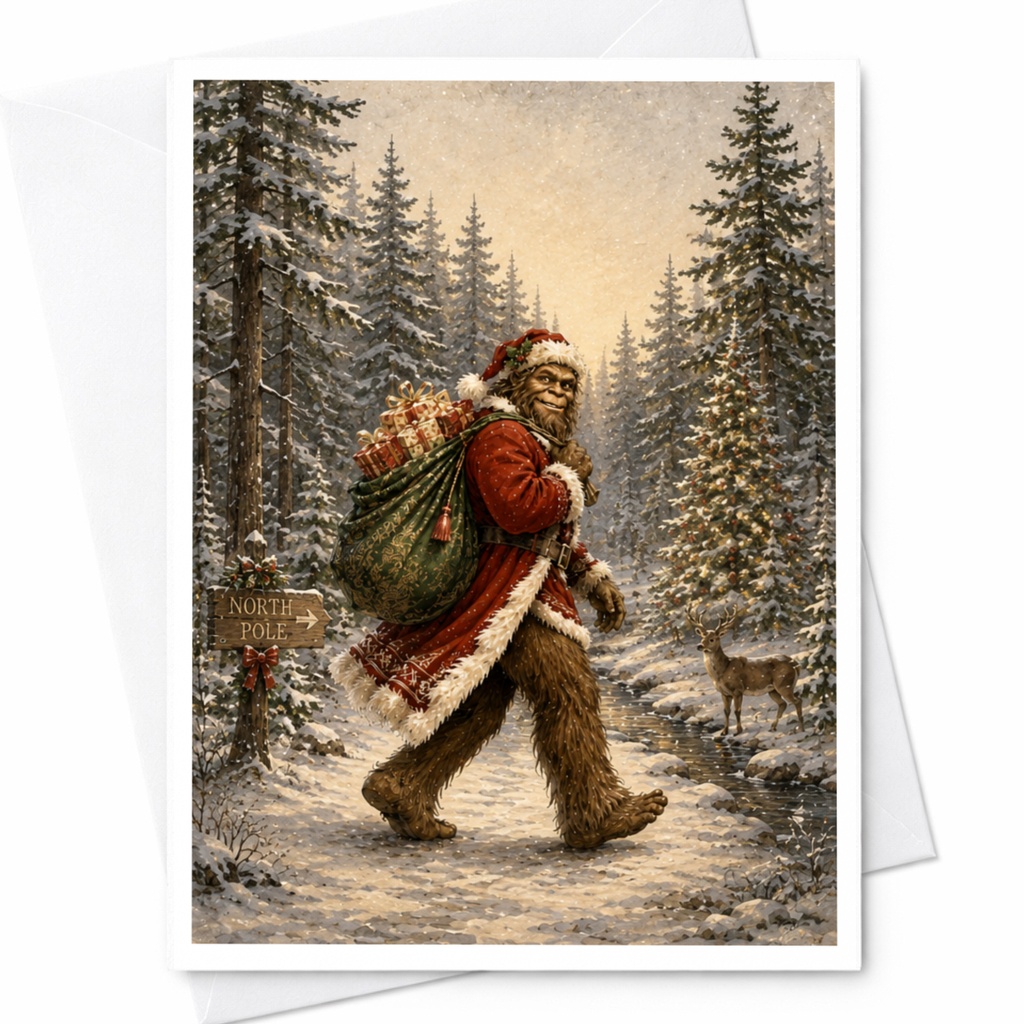 North Pole Bigfoot Santa Christmas Card Funny Holiday Greeting Card For Him Her Winter Forest Scene Cute Sasquatch C4940