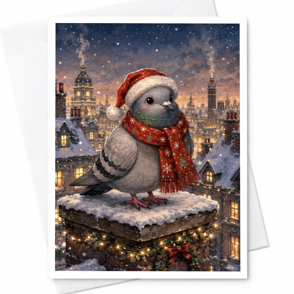Pigeon In Santa Hat Christmas Card Cute Winter Bird Holiday Greeting Card Festive Animal Lover Card Snowy Cityscape Scene C4973
