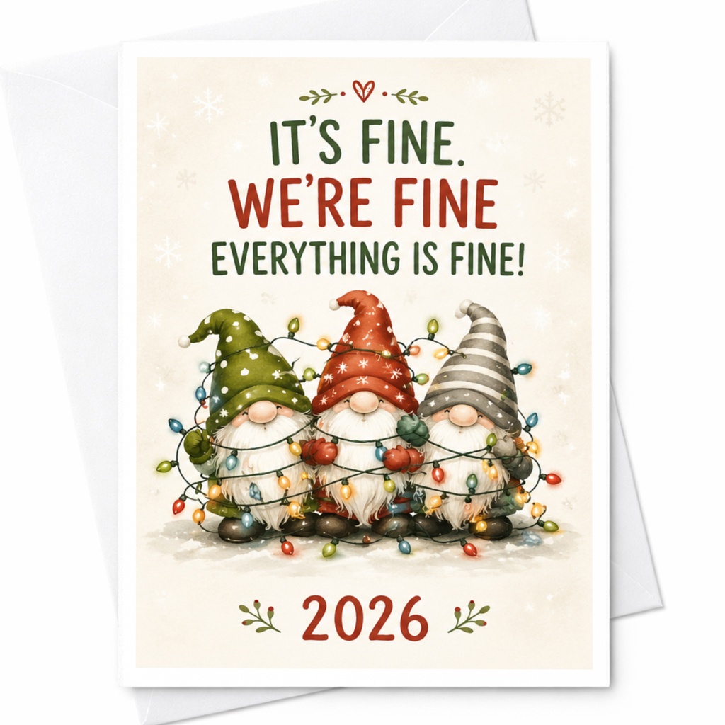 It's Fine. We're Fine Everything Is Fine! 2026 Funny Christmas Card Gnomes Holiday Greeting Card Cute Festive C4945