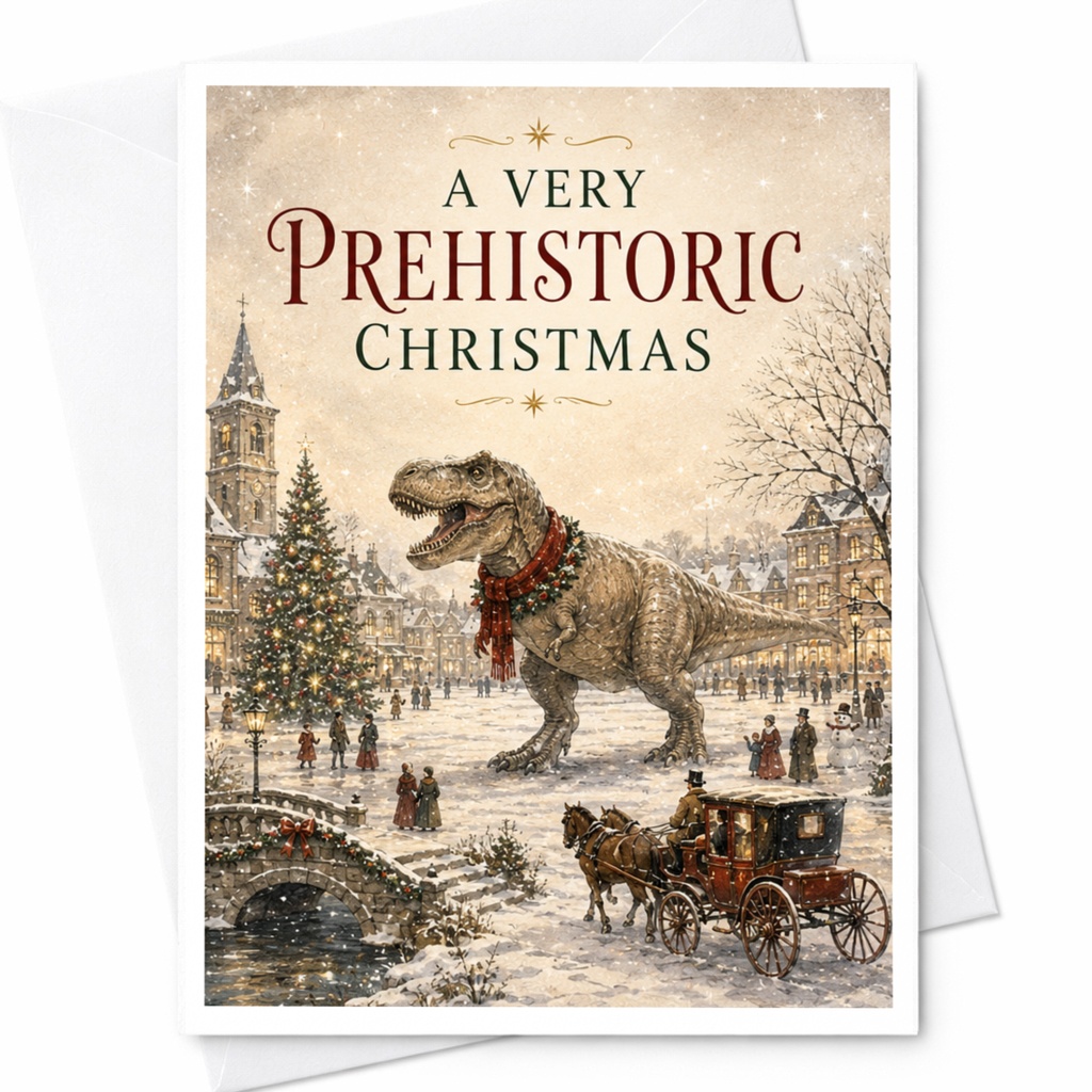 A Very Prehistoric Christmas Dinosaur Christmas Card Funny Holiday Greeting Card Vintage Style Xmas Card For Dinosaur Lover C4956