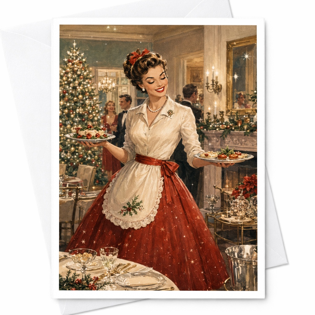 Vintage Christmas Party Scene Greeting Card Retro Holiday Card Festive Celebration Card For Her Classic Christmas Decor C4960