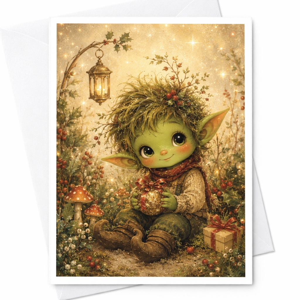 Cute Elf Christmas Card Fantasy Holiday Greeting Card For Kids Magical Forest Scene With Gift Whimsical Festive Card C4961